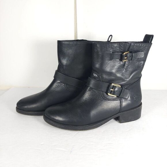 Tory Burch Women’s Bennie US 7M Black Leather Buckled Ankle Biker Riding Boots - Picture 1 of 13